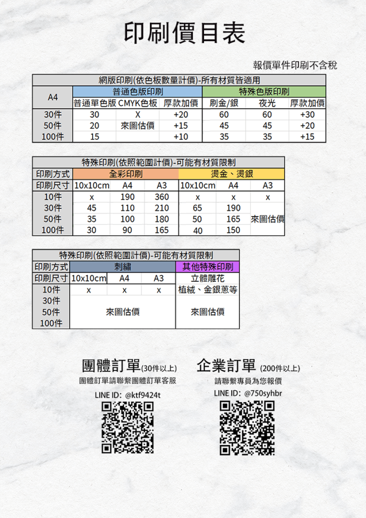 團體服訂製價目表-印刷